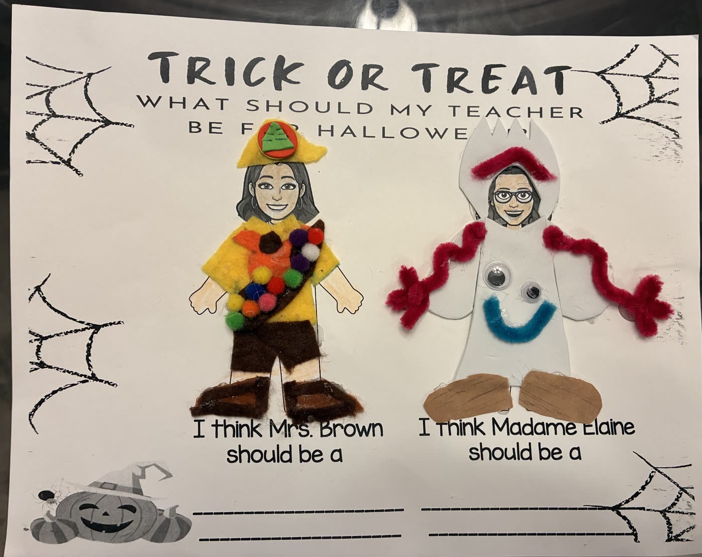The finished page: Mrs. Brown in her Wilderness Explorer uniform and Madame Elaine as Forky, in felt, pom-poms, googly eyes and pipe cleaners.