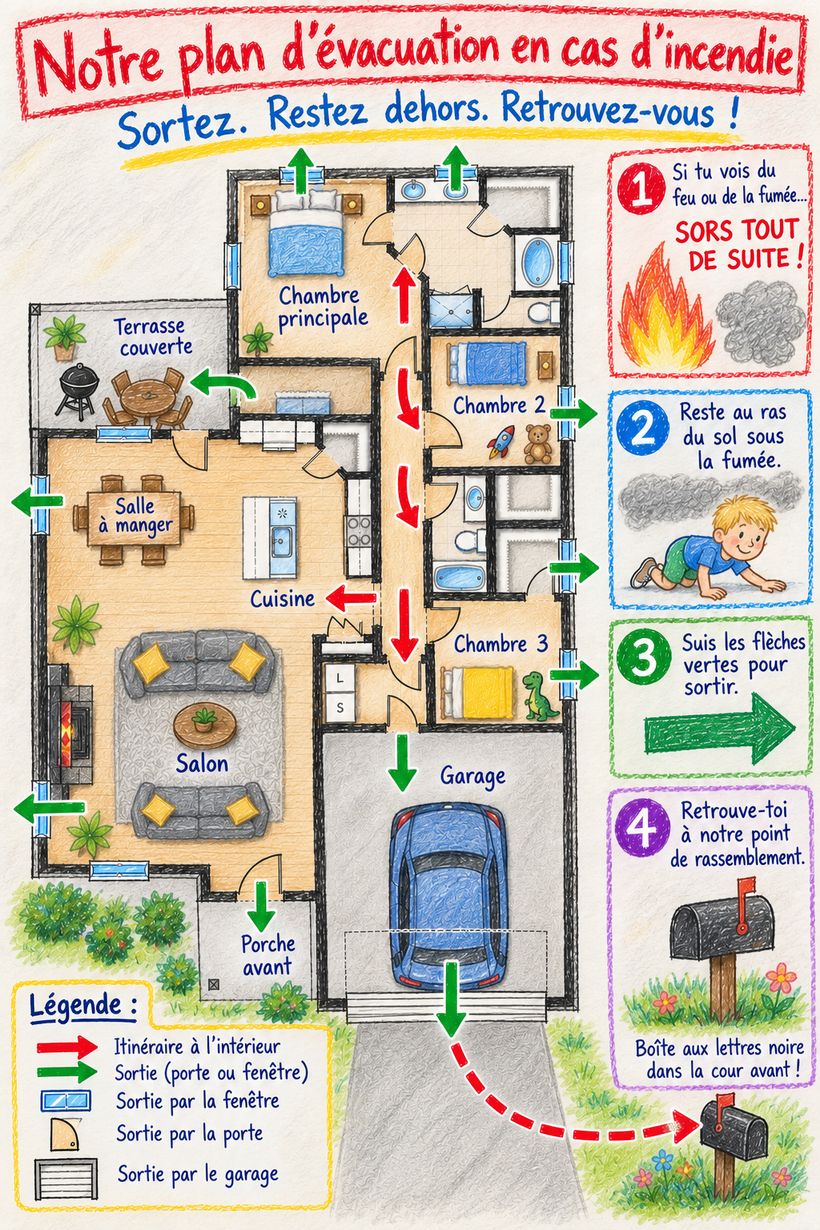 Our fire escape plan: a floor plan of the house with red and green arrows, four steps down the side and a legend, all in French